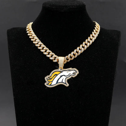 Sports LOGO Pendant Necklace with Iced Out Cuban Chains for Football Fans