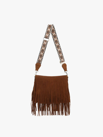 Sadie Dark Brown Suede Fringe Crossbody w/ Guitar Strap Purse